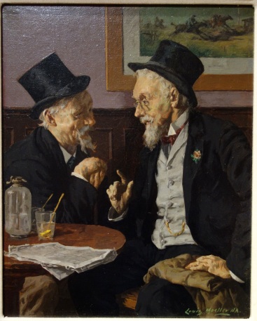 A painting of two old gentlemen wearing classy suits and top hats talking in a cafe over drinks